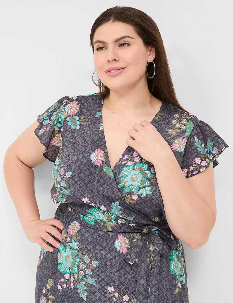 Lane Bryant Flutter-Sleeve Surplice-Neck Abito Lungo Donna Nere Verdi | UKA6717JV