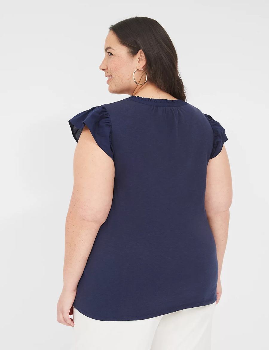 Lane Bryant Flutter-Sleeve Woven-Front Knit Top Magliette Donna Blu | WNX3850JS