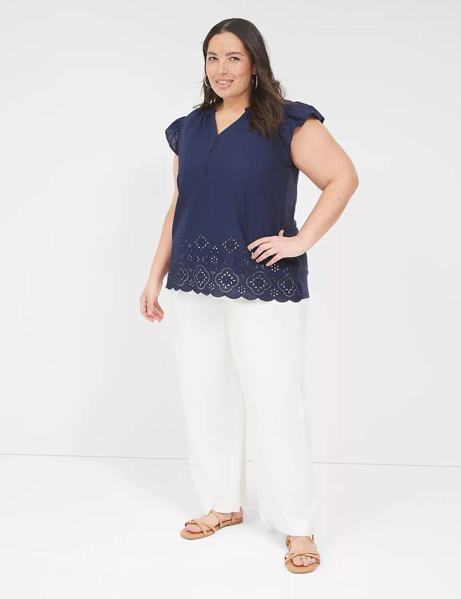 Lane Bryant Flutter-Sleeve Woven-Front Knit Top Magliette Donna Blu | WNX3850JS