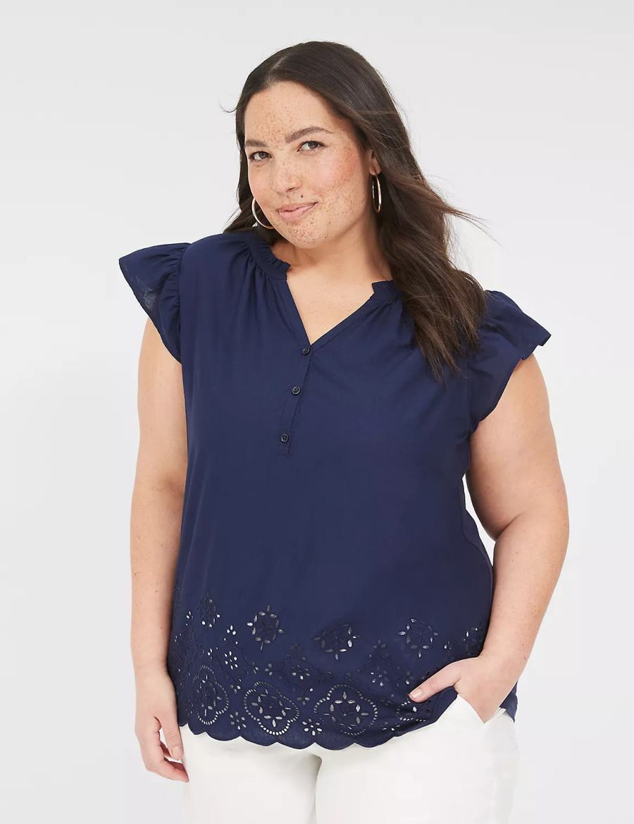 Lane Bryant Flutter-Sleeve Woven-Front Knit Top Magliette Donna Blu | WNX3850JS