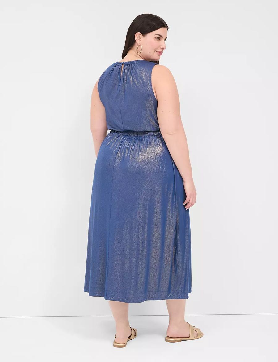 Lane Bryant Foil Shimmer Tie-Waist Abito Midi Donna Blu Scuro | MNV4561CL