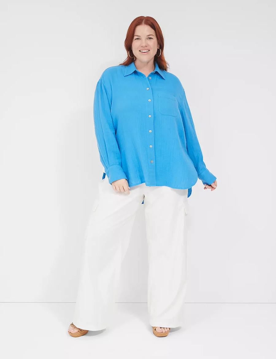 Lane Bryant Gauze Button-Down Beach Top Camicie Donna Blu | MEG426NL