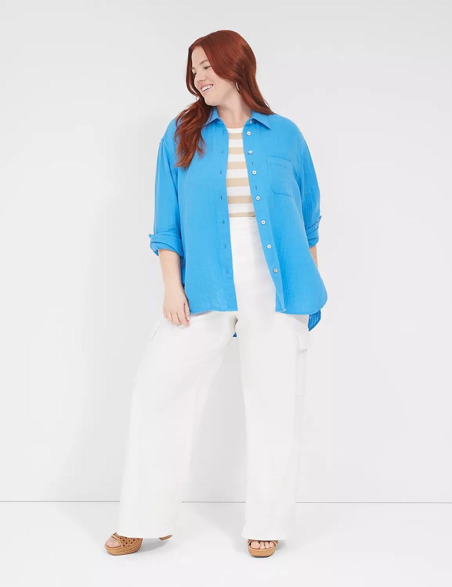 Lane Bryant Gauze Button-Down Beach Top Camicie Donna Blu | MEG426NL