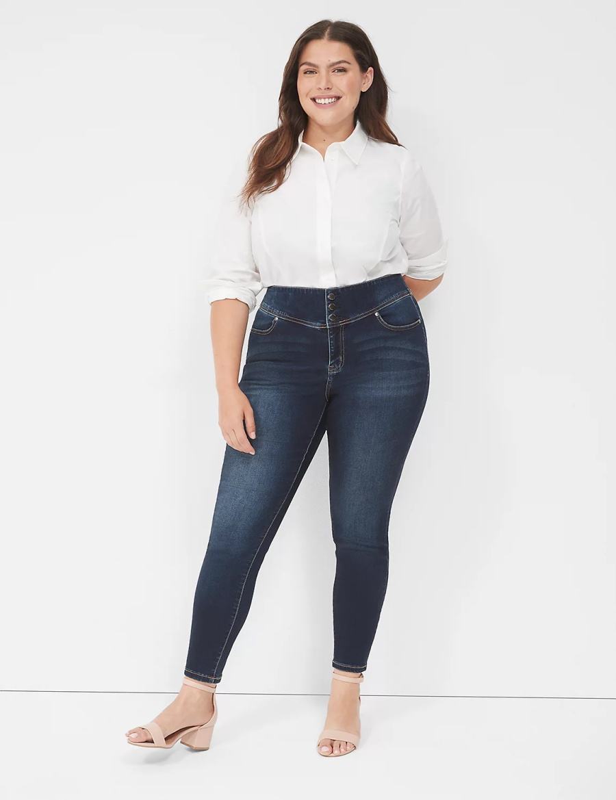 Lane Bryant High-Rise Sateen 3-Button Jeggings Donna Blu Scuro | NIO2645OQ