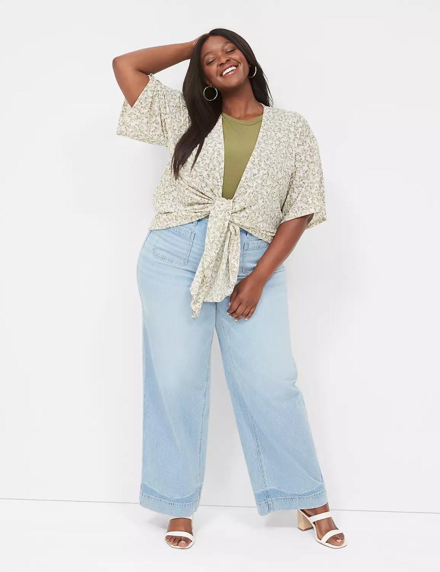 Lane Bryant Kimono-Sleeve Tie-Front Overpiece Vestaglia Donna Crema Verde Oliva | XIH3680HL