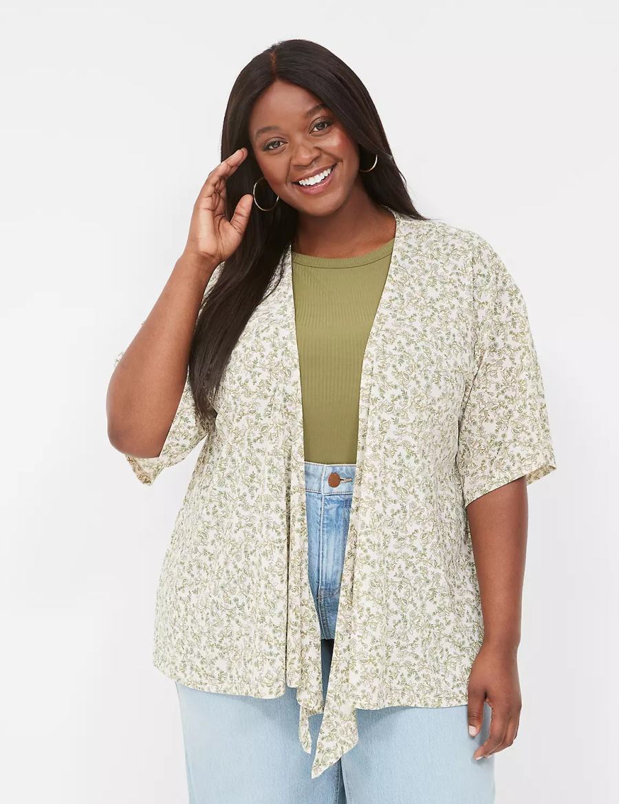 Lane Bryant Kimono-Sleeve Tie-Front Overpiece Vestaglia Donna Crema Verde Oliva | XIH3680HL