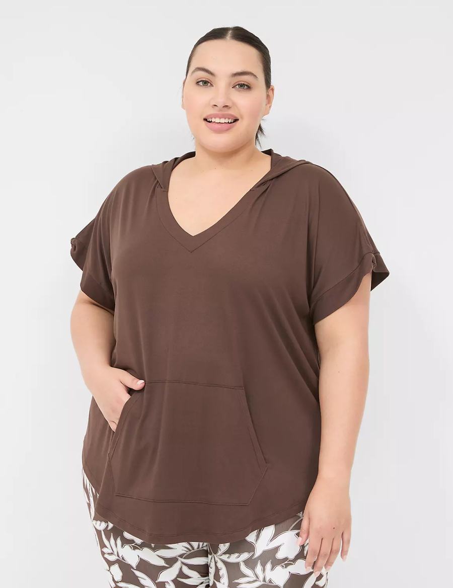 Lane Bryant LIVI Knot-Sleeve Recycled LIVI Soft Hooded Tunic Magliette Donna Marroni Scuro | OYA1059NA