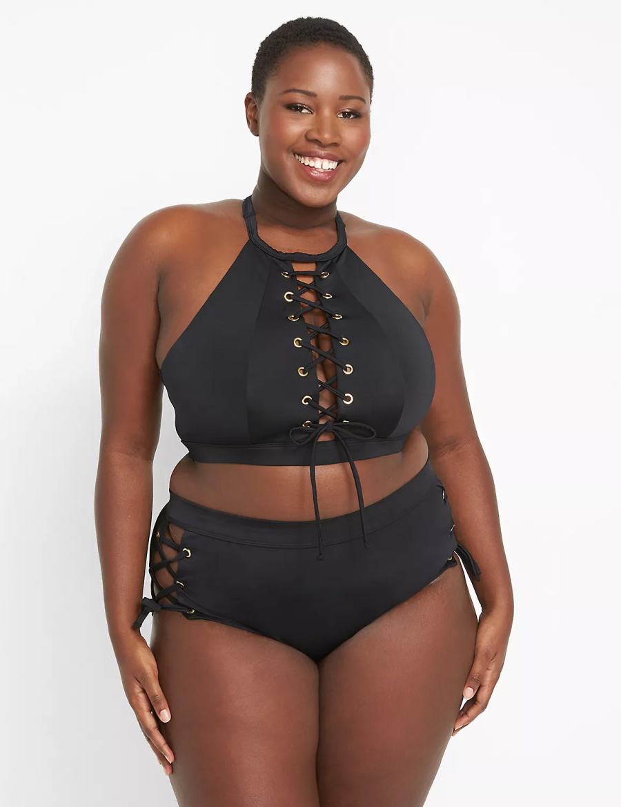 Lane Bryant Lace-Up High-Waist Swim Slip Donna Nere | RJE8470HU