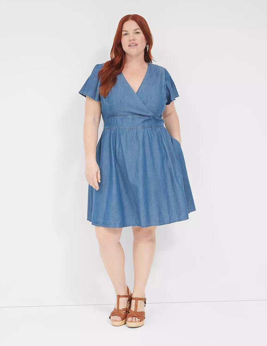 Lane Bryant Lena Denim Surplice-Neck Level-Hem Vestito Casual Donna Blu | WAH721KE