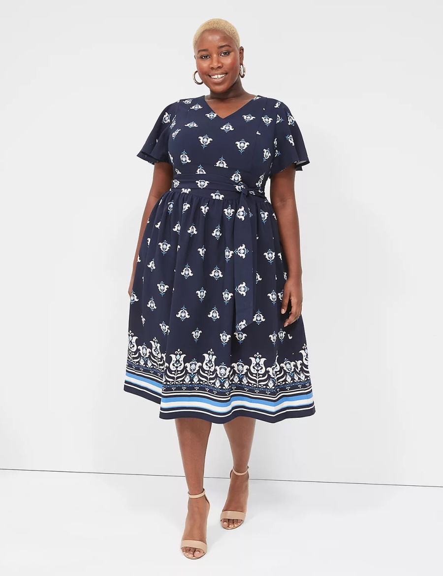 Lane Bryant Lena V-Neck Level-Hem Abito Midi Donna Blu | IAM8157FL