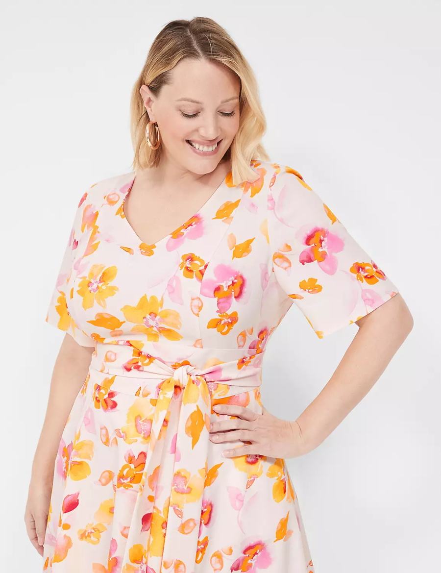 Lane Bryant Lena V-Neck Level-Hem Abito Midi Donna Rosa Arancioni | DKT4523HB