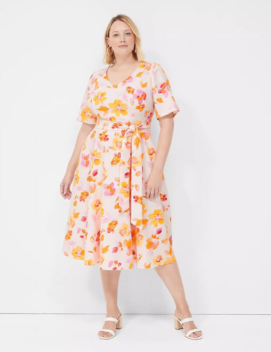 Lane Bryant Lena V-Neck Level-Hem Abito Midi Donna Rosa Arancioni | DKT4523HB