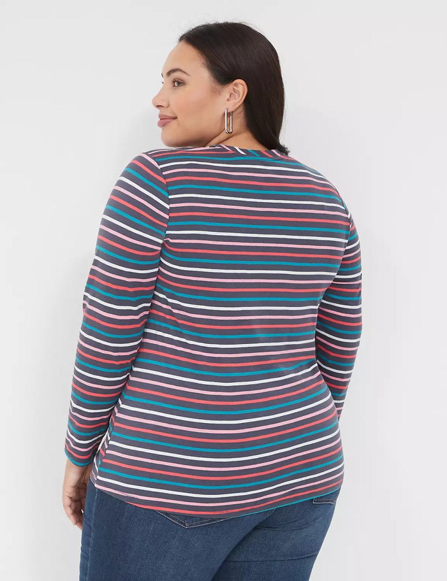 Lane Bryant Long-Sleeve Crew-Neck Tee Magliette Donna Blu Marino Colorate Strisce | LSO131HF