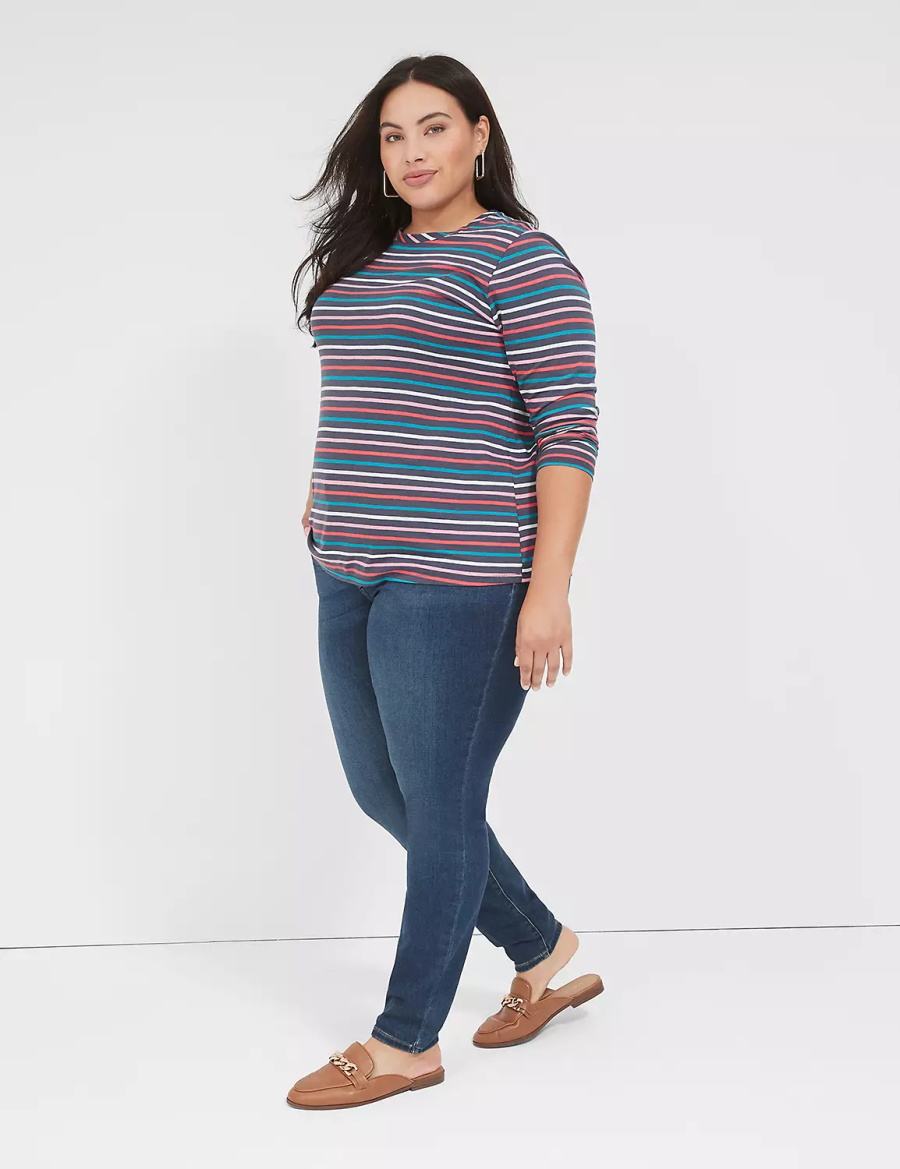 Lane Bryant Long-Sleeve Crew-Neck Tee Magliette Donna Blu Marino Colorate Strisce | LSO131HF