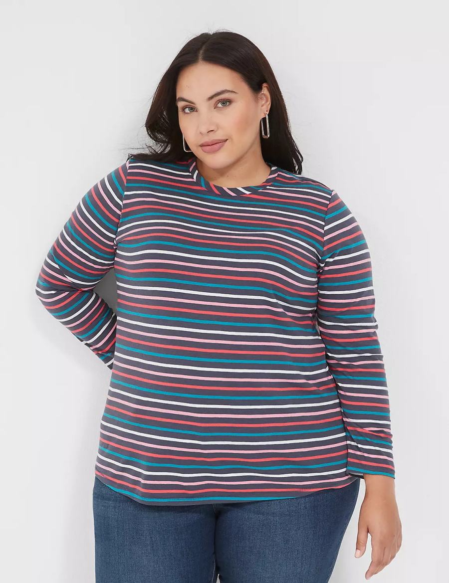 Lane Bryant Long-Sleeve Crew-Neck Tee Magliette Donna Blu Marino Colorate Strisce | LSO131HF