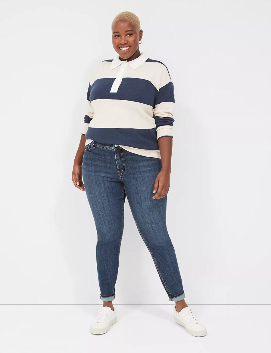 Lane Bryant Long-Sleeve Stripe Polo Maglioni Donna Blu Marino Strisce | ZMB334YY