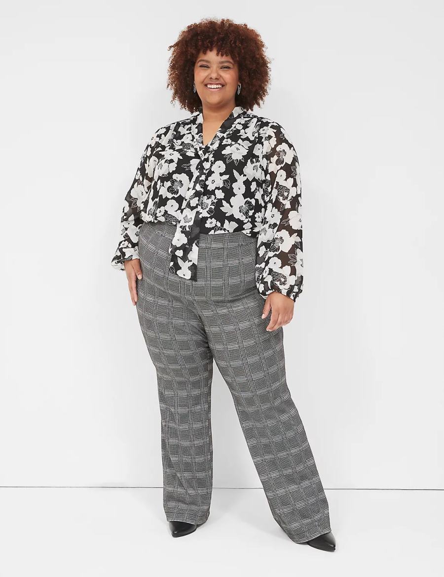 Lane Bryant Long-Sleeve Tie-Neck Popover Camicetta Donna Nere Bianche | SEJ1020ZK