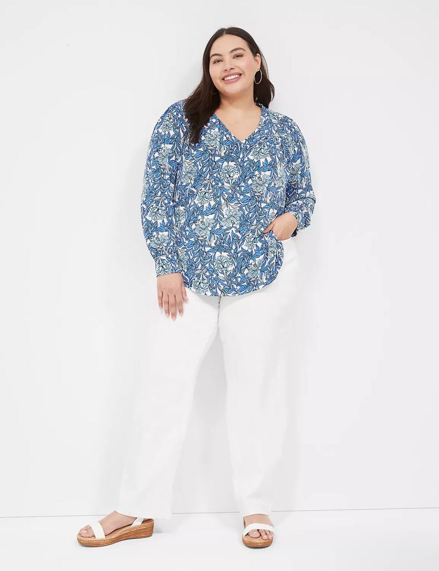 Lane Bryant Long-Sleeve V-Neck Camicetta Donna Blu | JRJ4379OJ