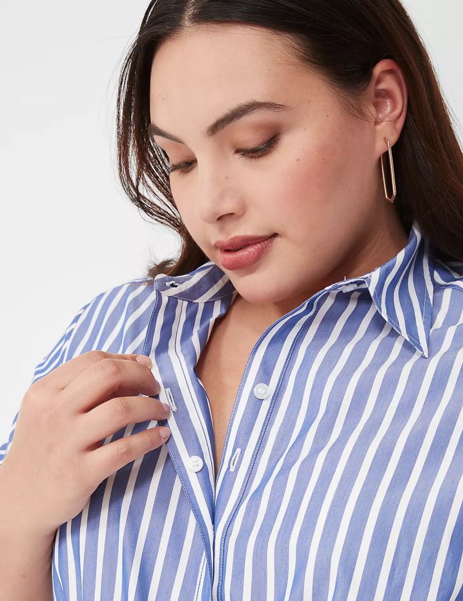 Lane Bryant Long-Sleeveed Midi Abito Camicia Donna Blu Strisce | XUV6168LZ