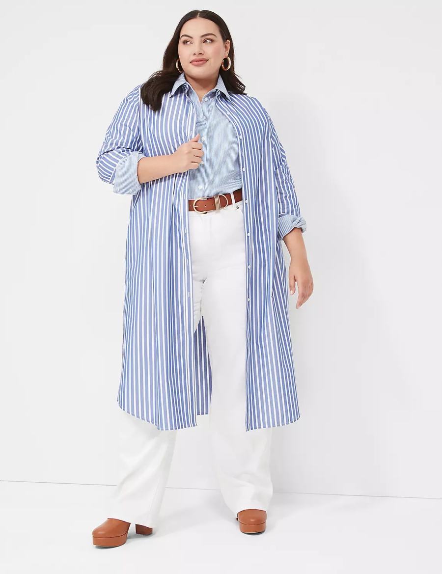 Lane Bryant Long-Sleeveed Midi Abito Camicia Donna Blu Strisce | XUV6168LZ