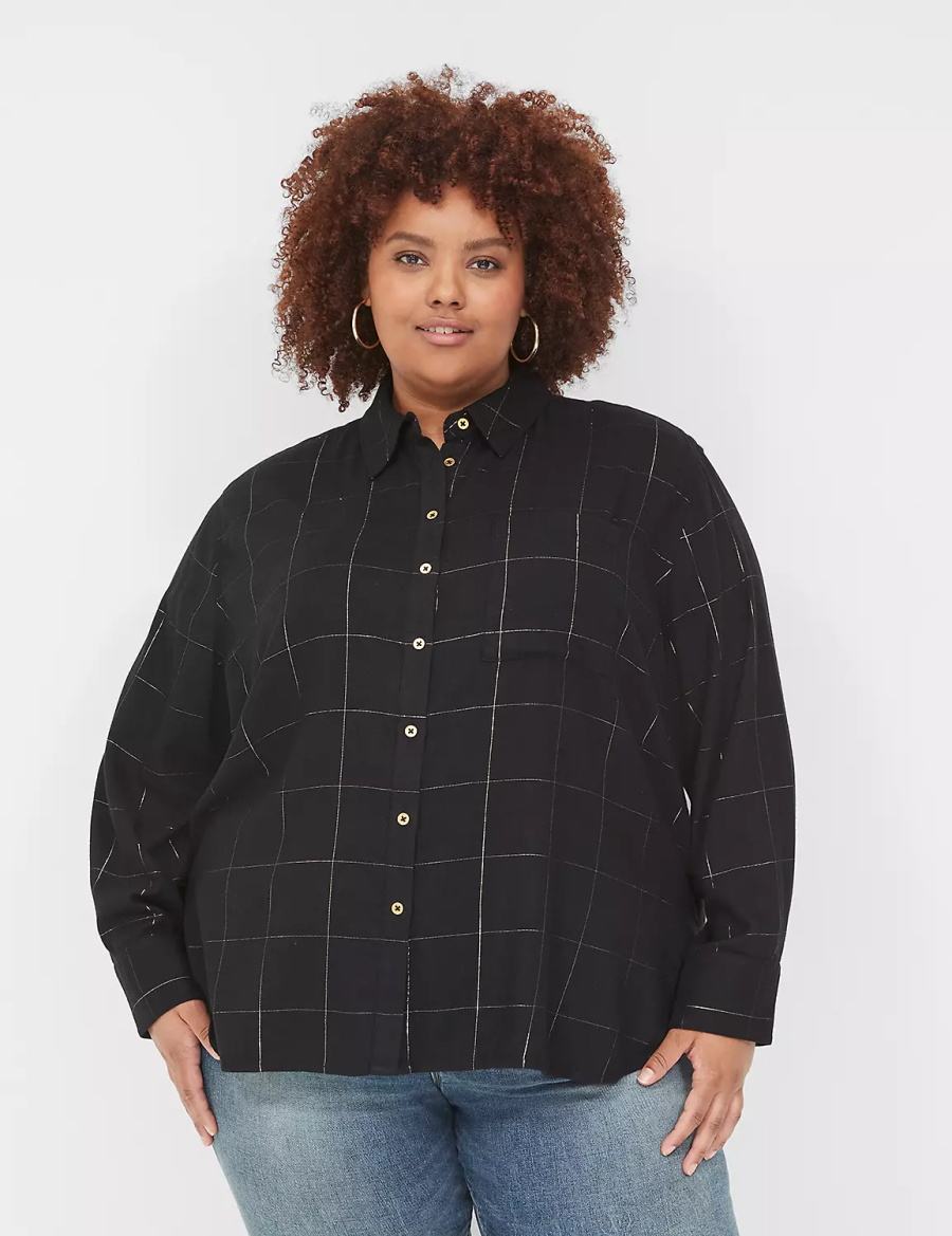 Lane Bryant Lurex Button-Down Plaid Flannel Camicie Donna Nere | AMM194AJ