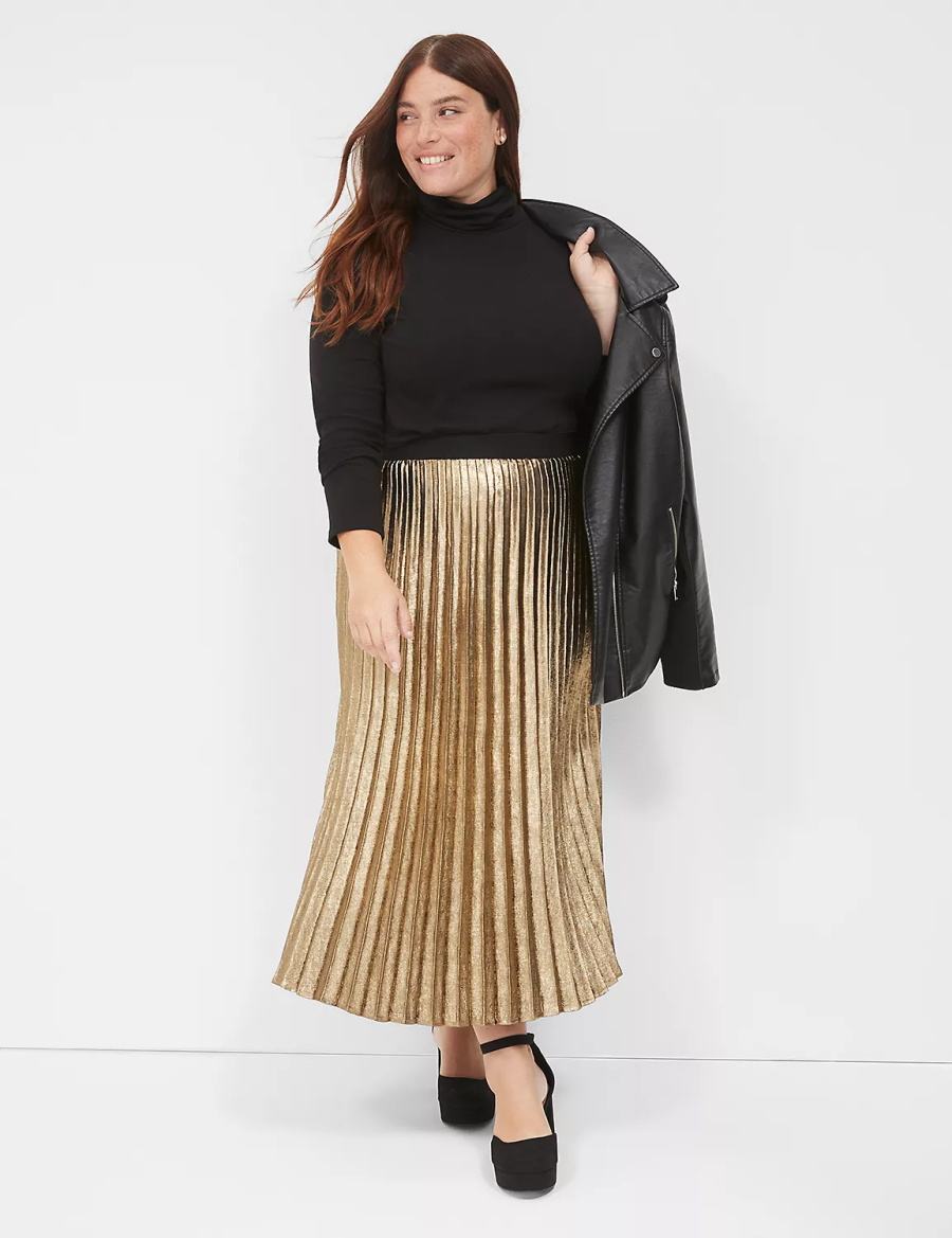 Lane Bryant Metallic Pleated Midi Gonne Donna Oro | MTK845MS