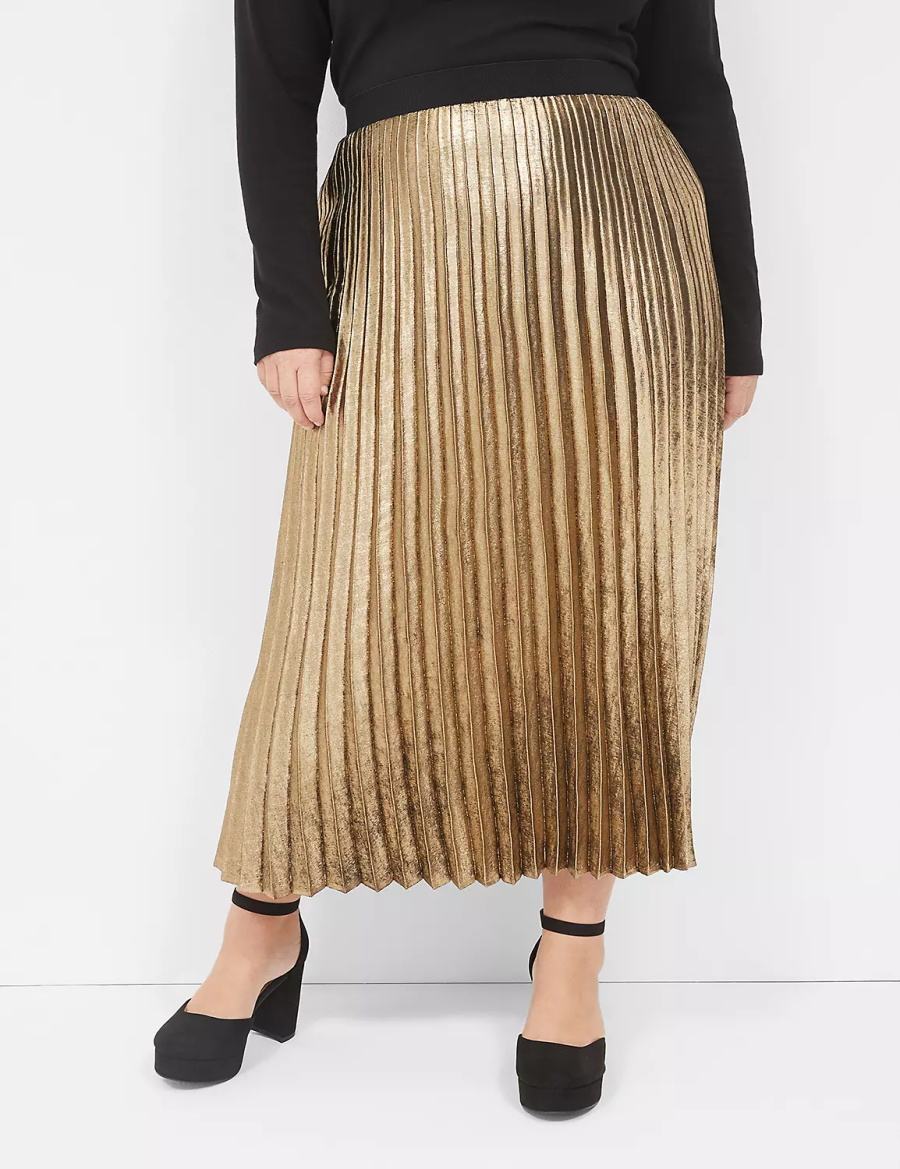 Lane Bryant Metallic Pleated Midi Gonne Donna Oro | MTK845MS