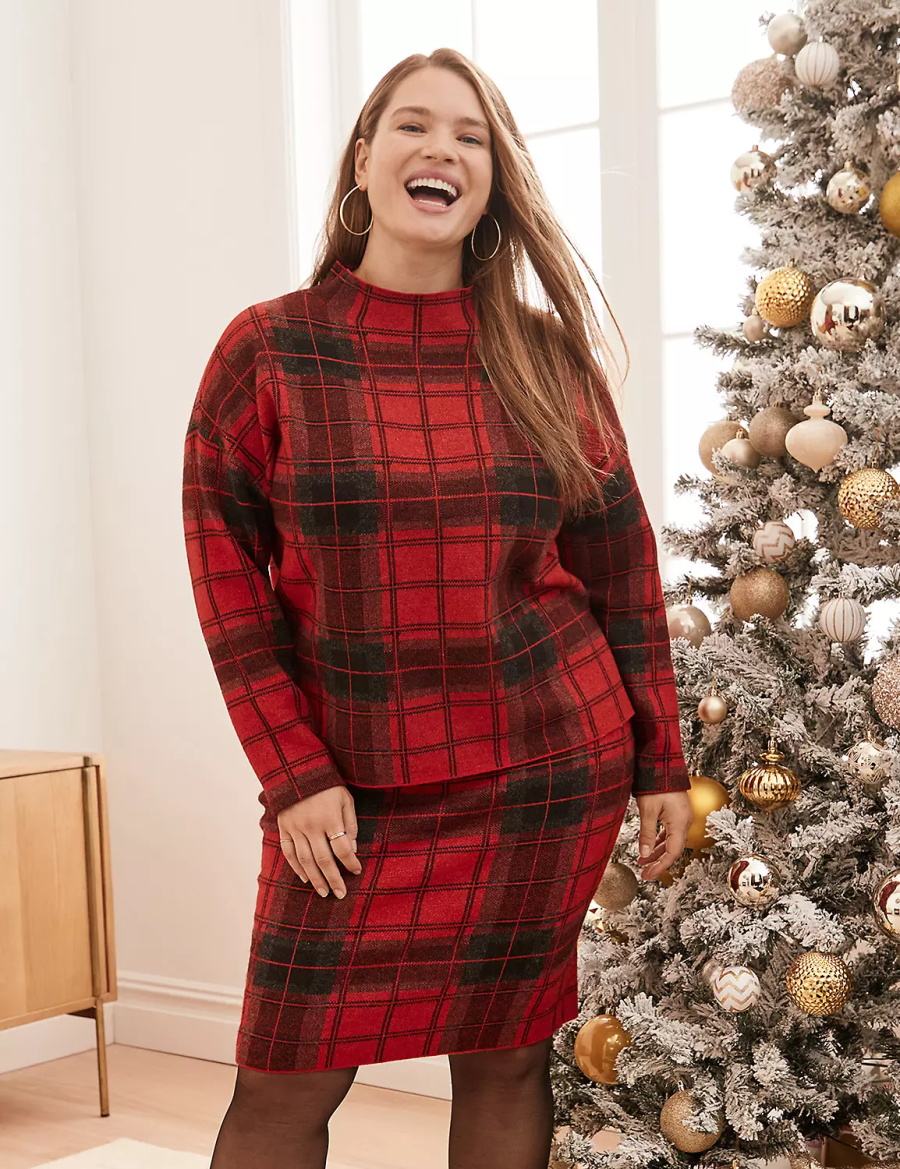 Lane Bryant Mock-Neck Plaid Maglioni Donna Rosse | GFR2198BD