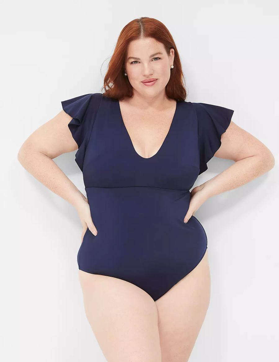 Lane Bryant No-Wire Flutter-Sleeve One-Piece Costumi Da Bagno Donna Blu | VJA175UV