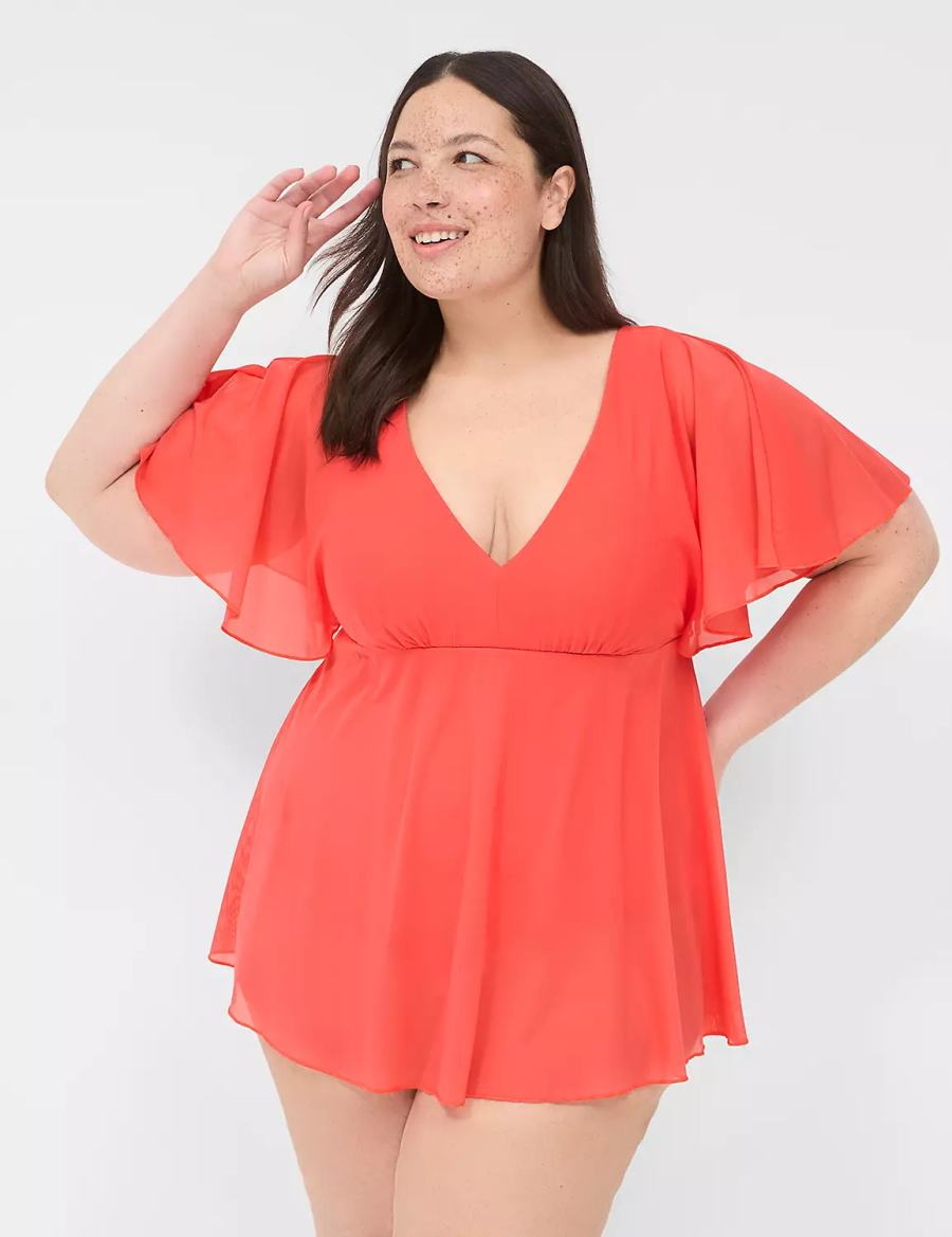 Lane Bryant No-Wire Flutter-Sleeve Swim Vestito Donna Corallo | REN6140IL