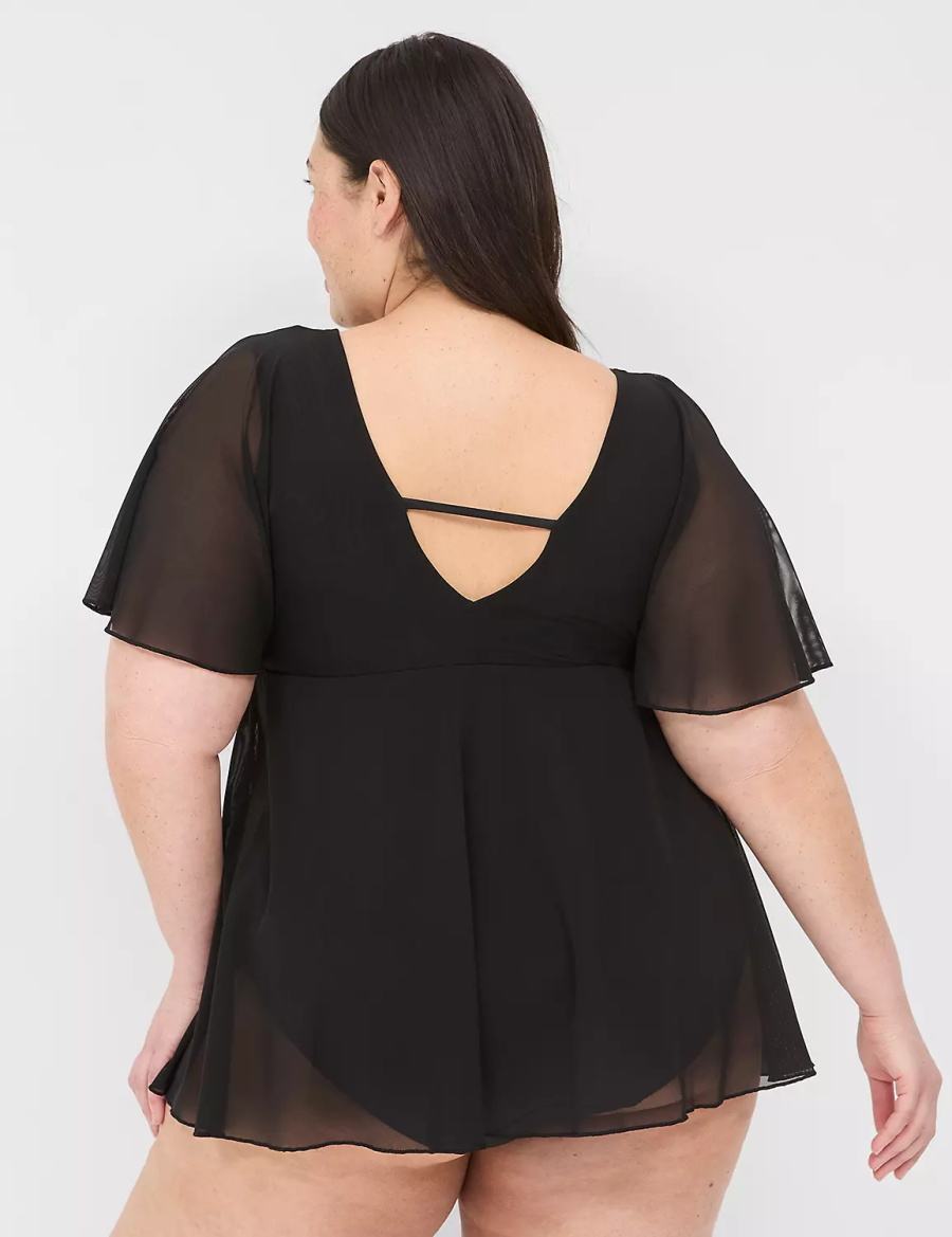 Lane Bryant No-Wire Flutter-Sleeve Swim Vestito Donna Nere | HYC729CN