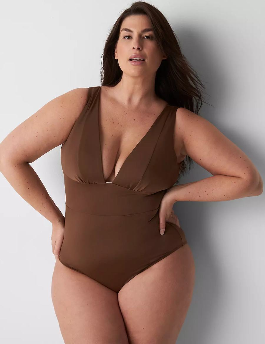 Lane Bryant No-Wire Plunge One-Piece Costumi Da Bagno Donna Marroni Scuro | IAE4641LI