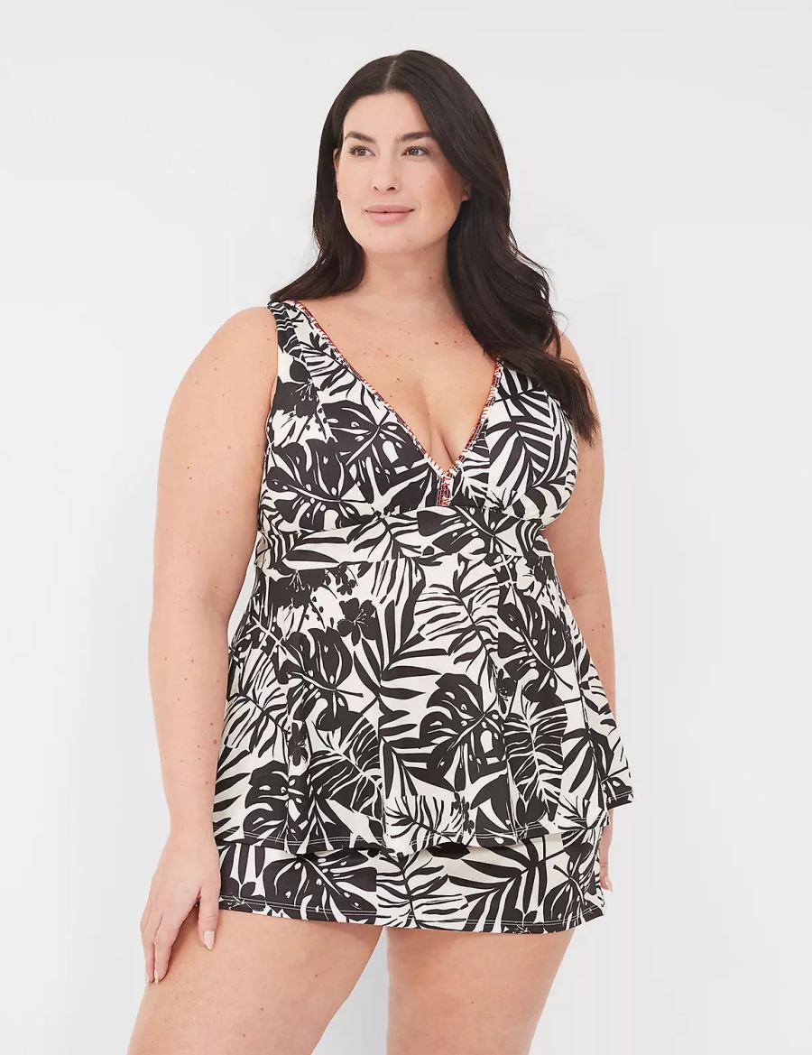 Lane Bryant No-Wire Plunge Tankini Top Bikini Donna Bianche Nere | BSE919PF