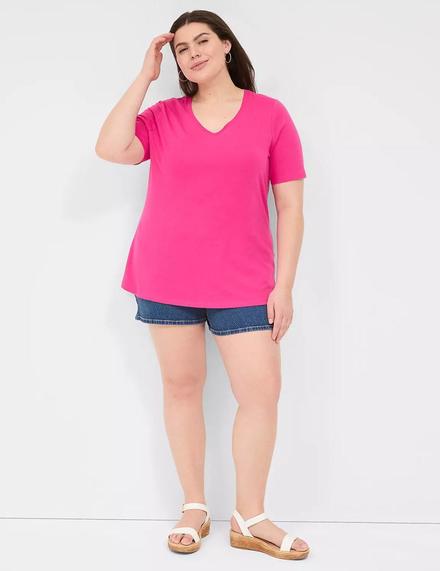 Lane Bryant Perfect Sleeve V-Neck Tee Magliette Donna Rosa | UQT2799BE