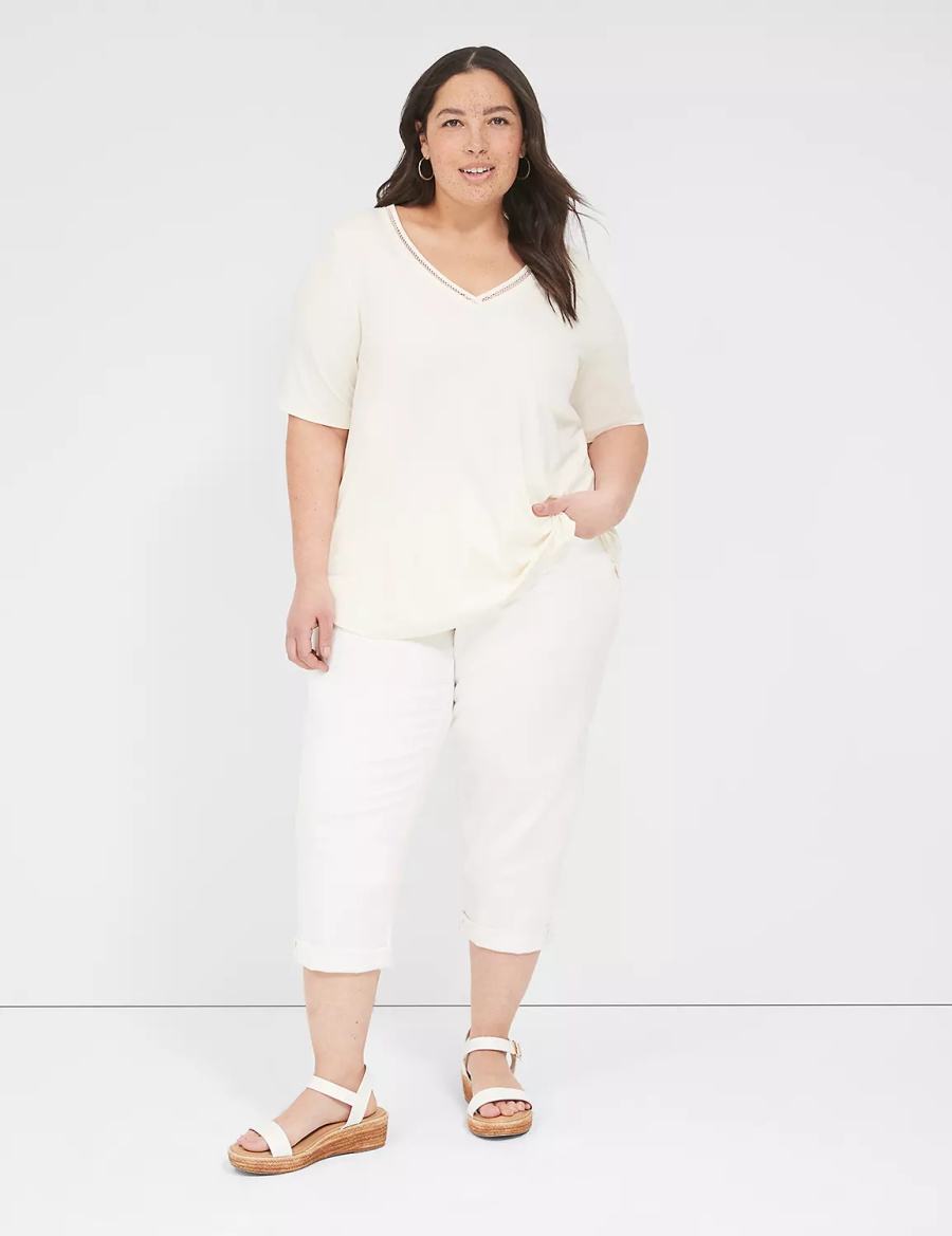 Lane Bryant Perfect Sleeve V-Neck Trim-Detail Tee Magliette Donna Bianche | VYB4335EC