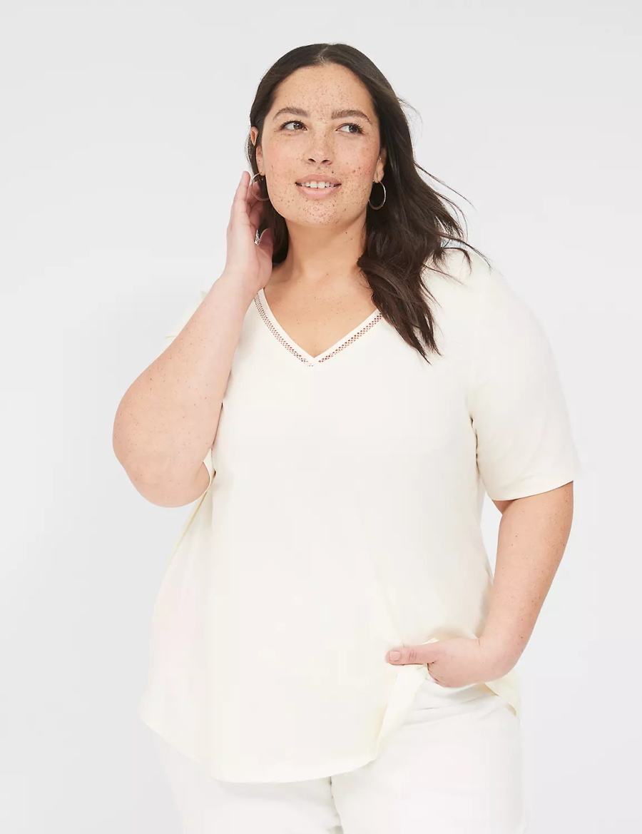 Lane Bryant Perfect Sleeve V-Neck Trim-Detail Tee Magliette Donna Bianche | VYB4335EC