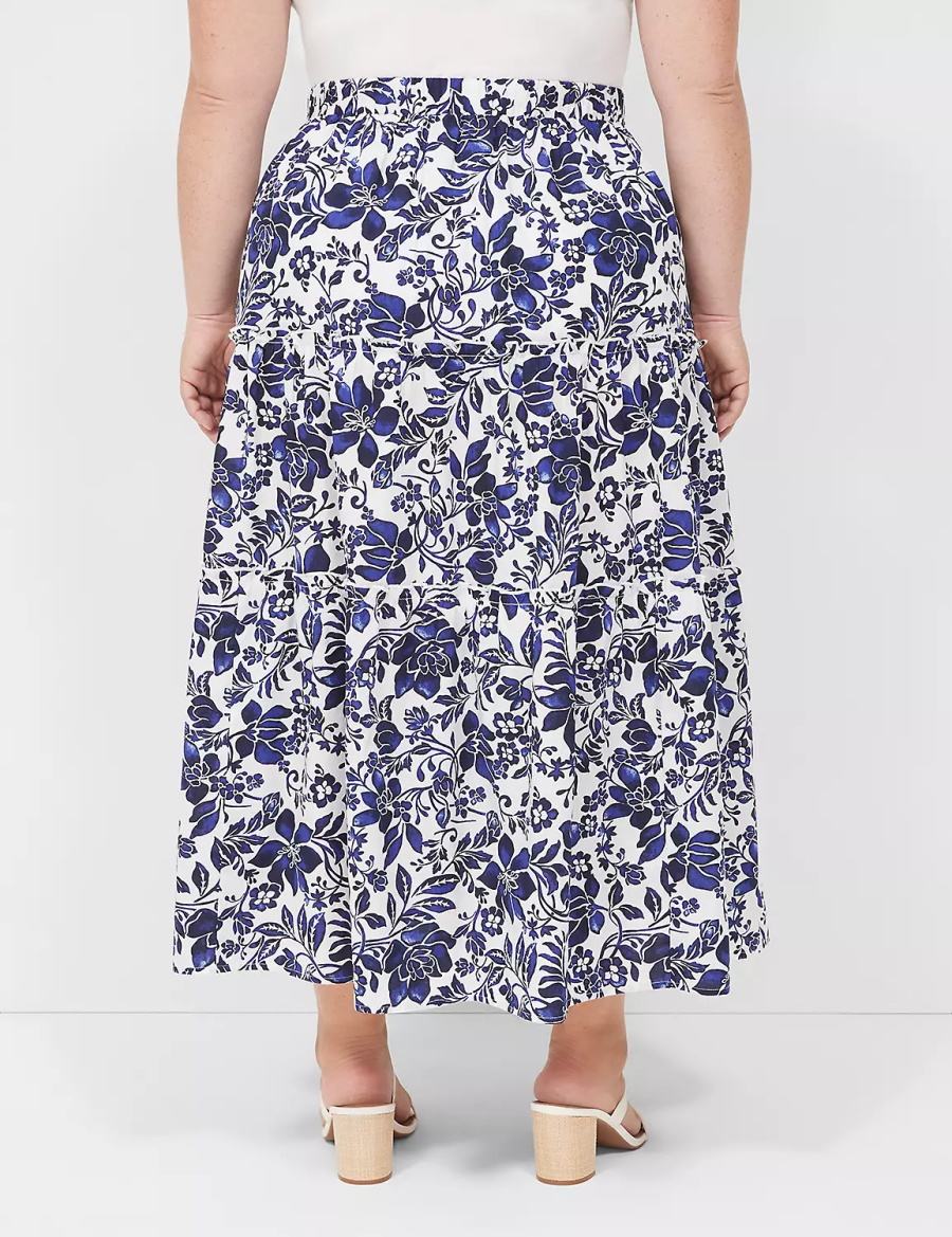 Lane Bryant Poplin Tiered Maxi Gonne Donna Blu Marino Bianche | ZVP573LT