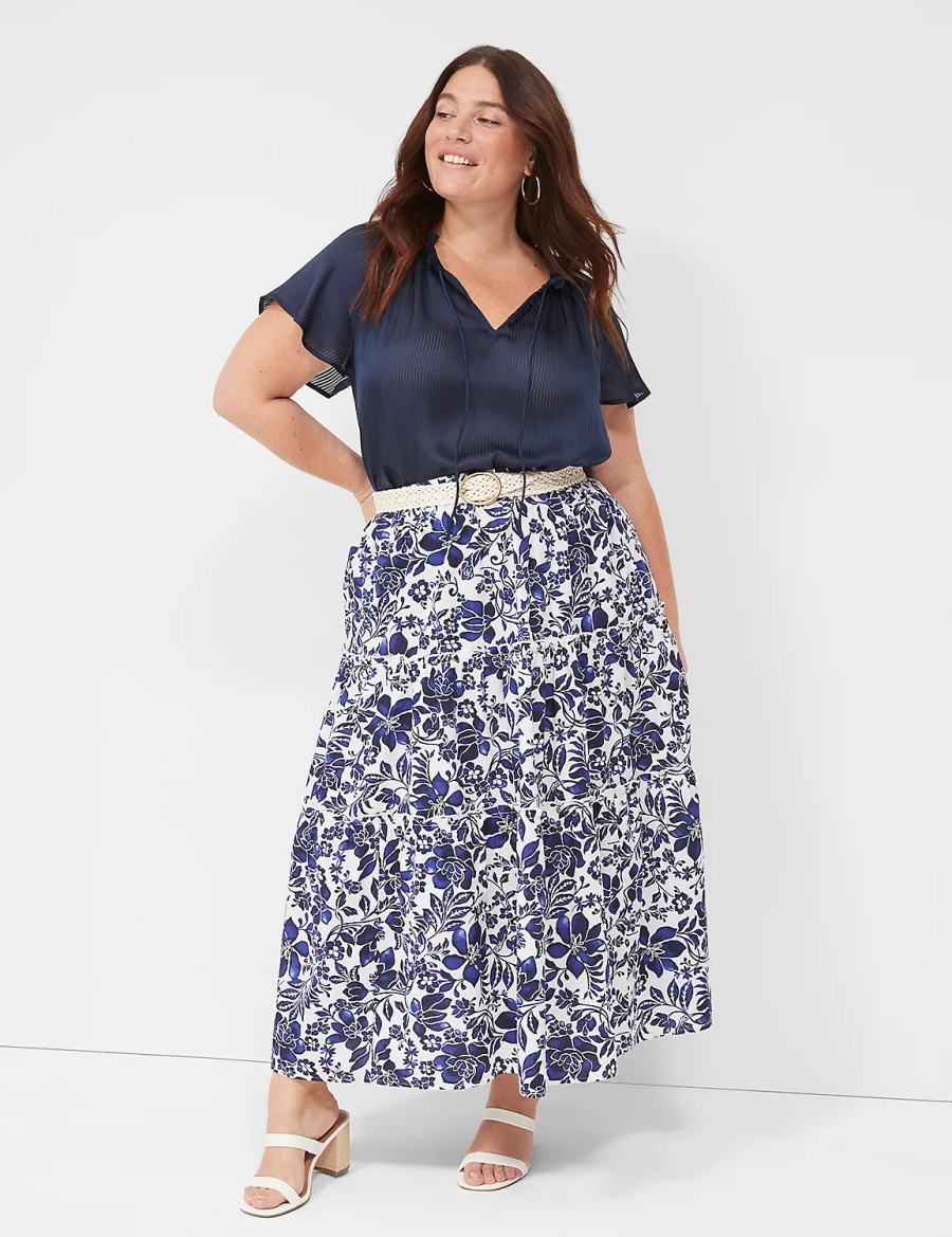 Lane Bryant Poplin Tiered Maxi Gonne Donna Blu Marino Bianche | ZVP573LT