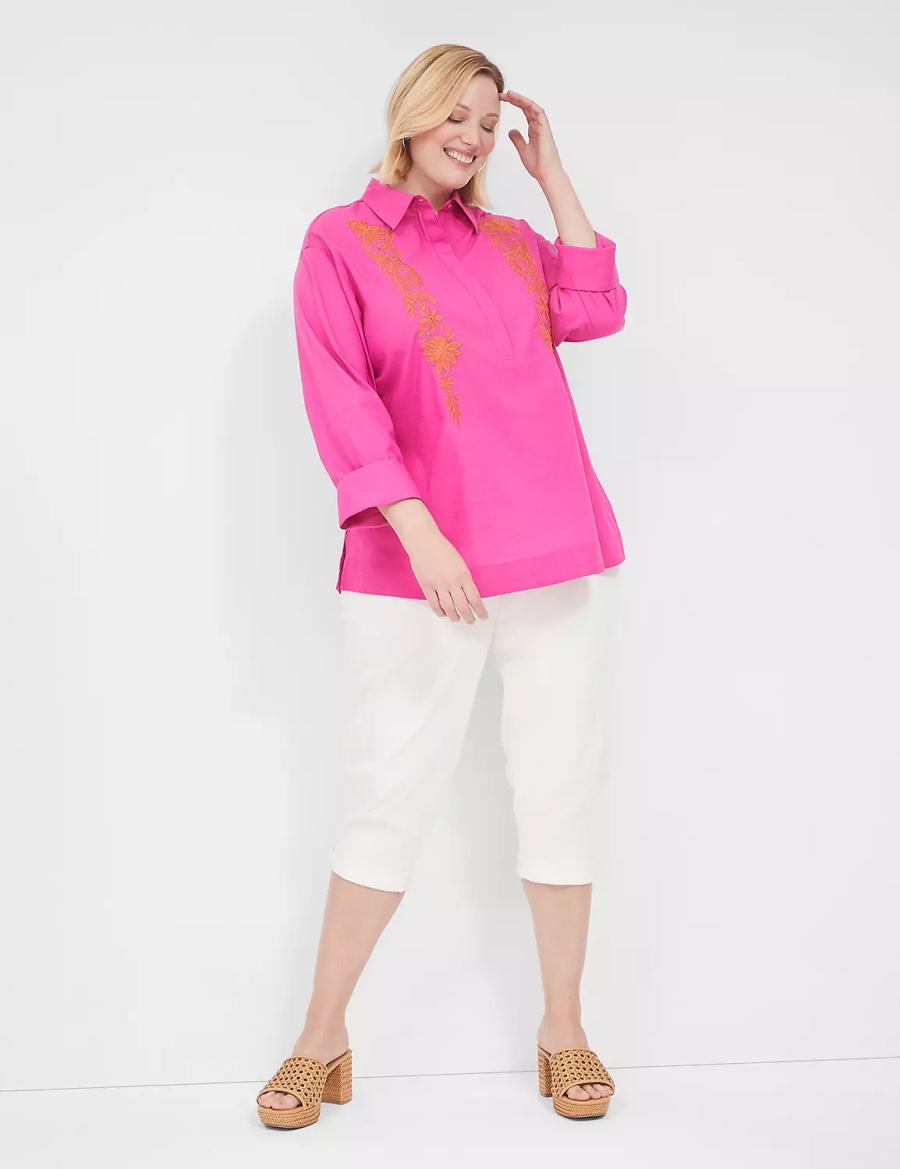 Lane Bryant Relaxed Collared Embroidered Tunic Camicie Donna Fucsia | PFU992MZ