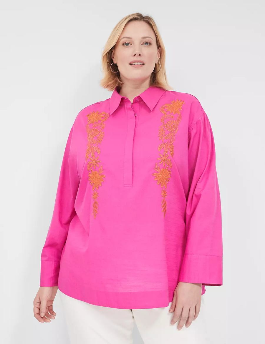 Lane Bryant Relaxed Collared Embroidered Tunic Camicie Donna Fucsia | PFU992MZ