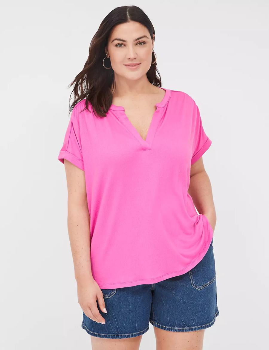 Lane Bryant Relaxed Gauze Notch-Neck Camicie Donna Rosa | WFF9680VB