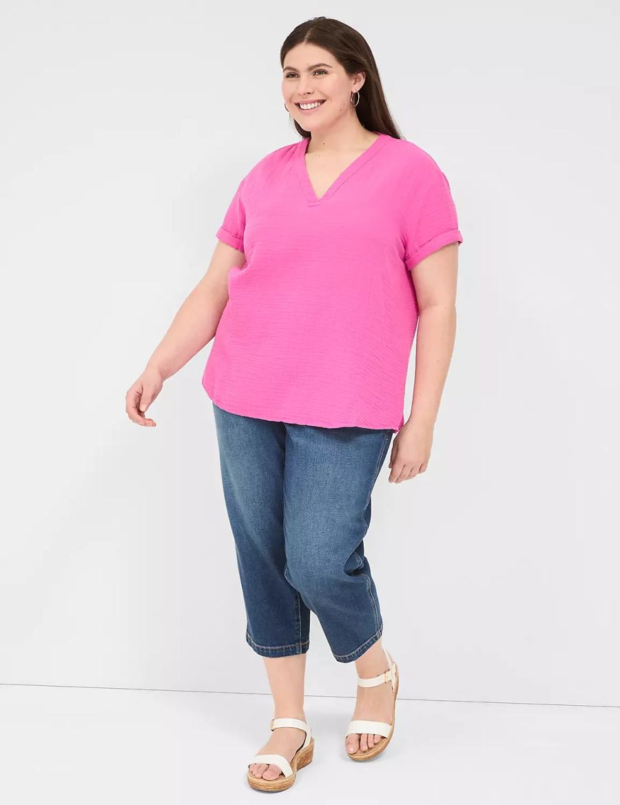 Lane Bryant Relaxed Gauze V-Neck Popover Camicie Donna Fucsia | UQR7165UN