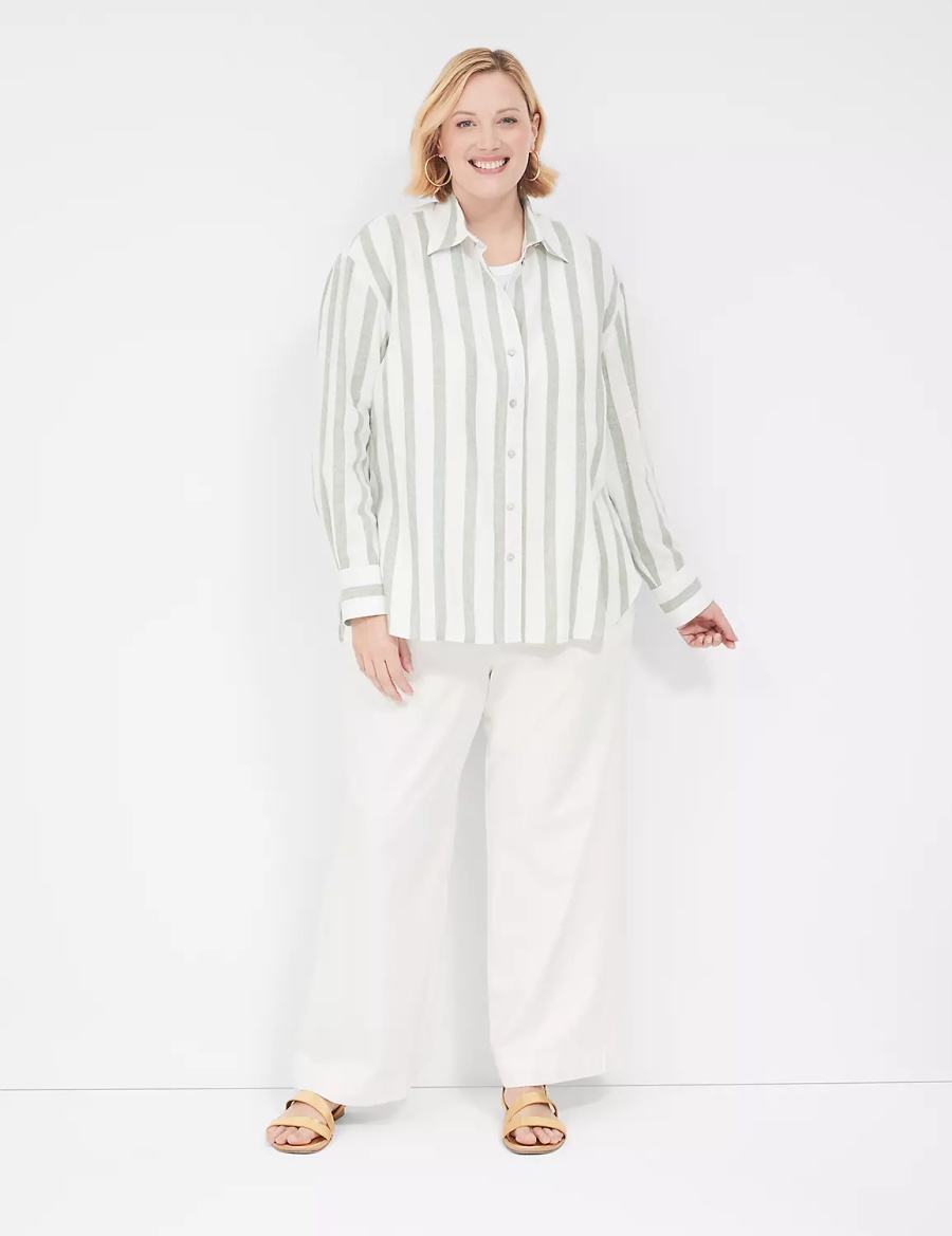 Lane Bryant Relaxed Linen Button-Down Camicie Donna Verde Oliva Strisce | LTN8794SQ