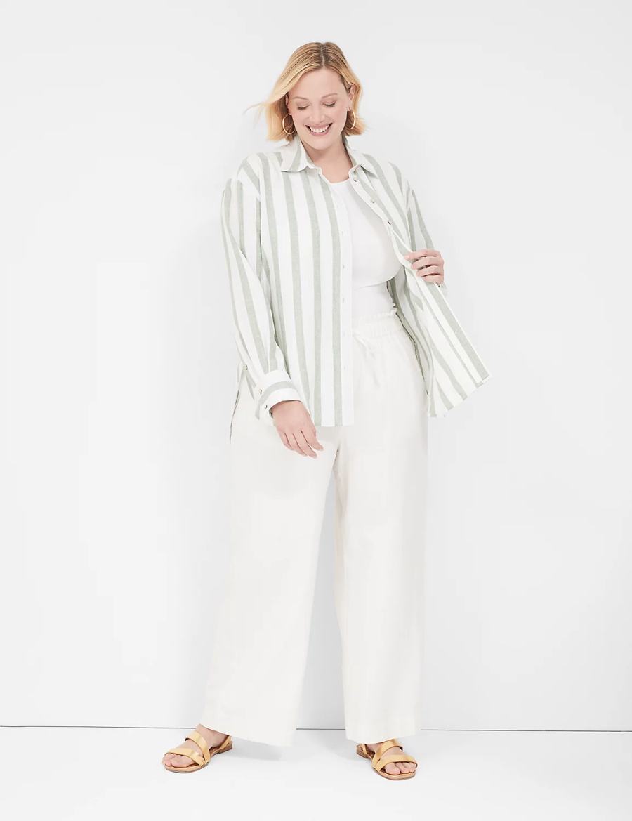 Lane Bryant Relaxed Linen Button-Down Camicie Donna Verde Oliva Strisce | LTN8794SQ