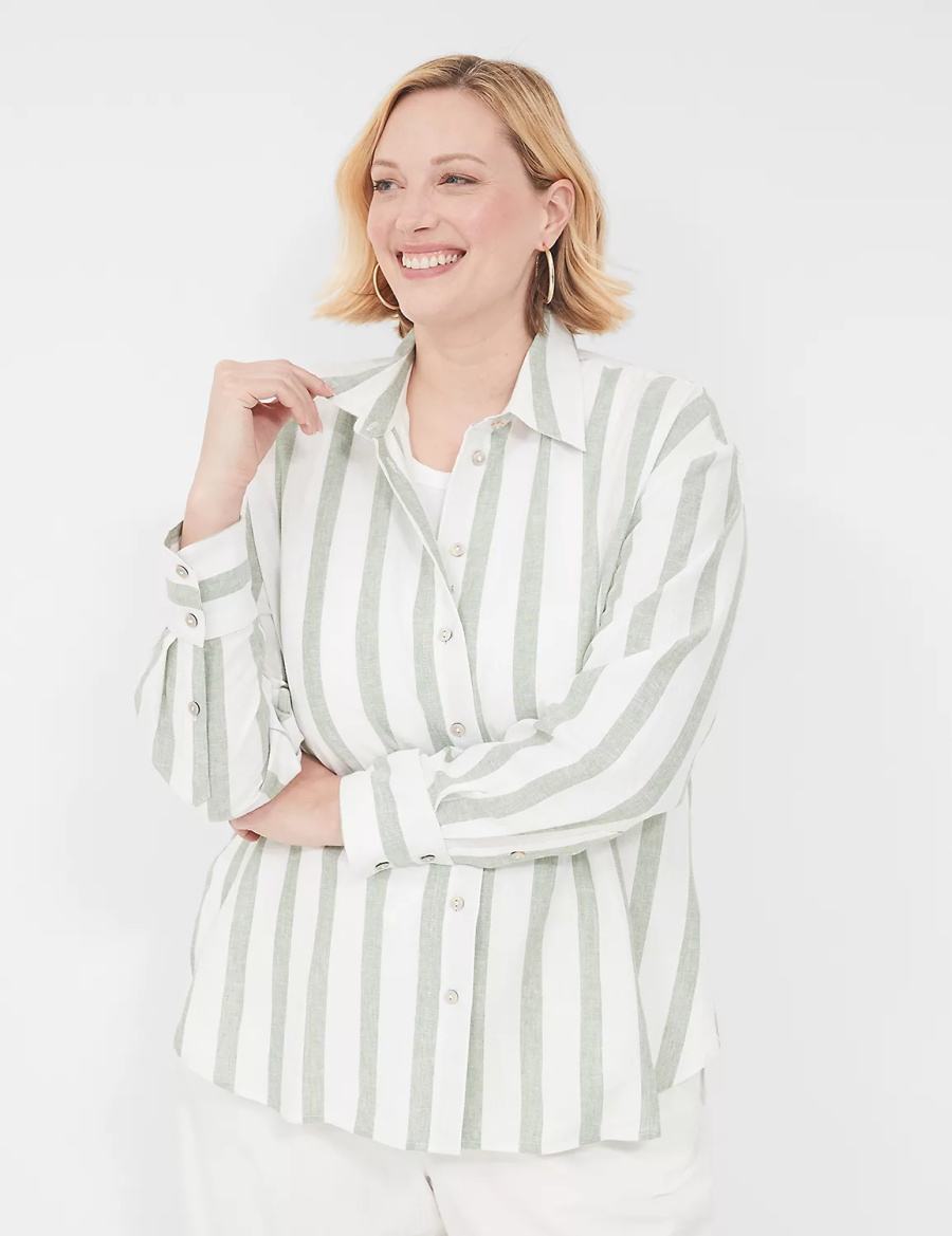 Lane Bryant Relaxed Linen Button-Down Camicie Donna Verde Oliva Strisce | LTN8794SQ