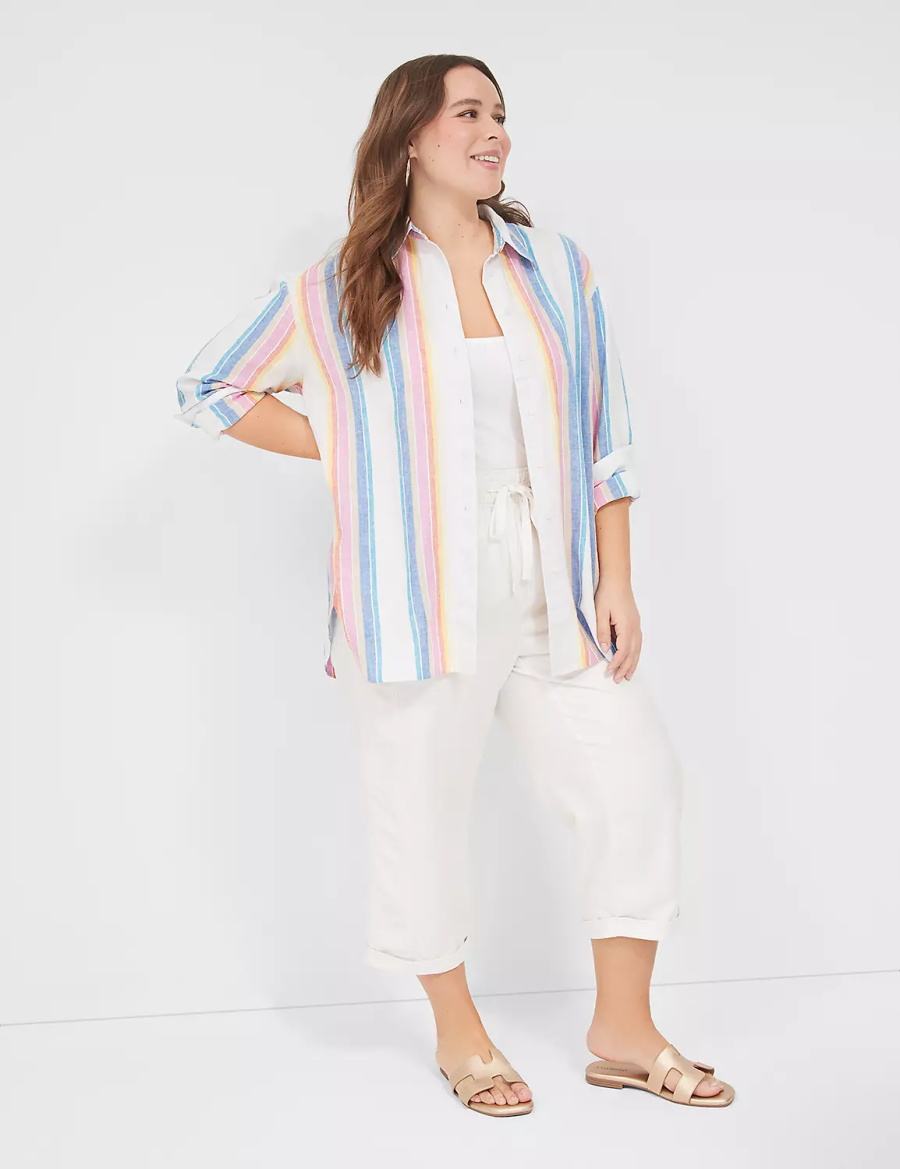 Lane Bryant Relaxed Linen Button-Down Camicie Donna Bianche Colorate Strisce | MXQ881IC