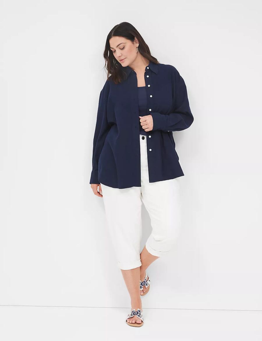 Lane Bryant Relaxed Linen Button-Down Camicie Donna Blu | BQK8455KK