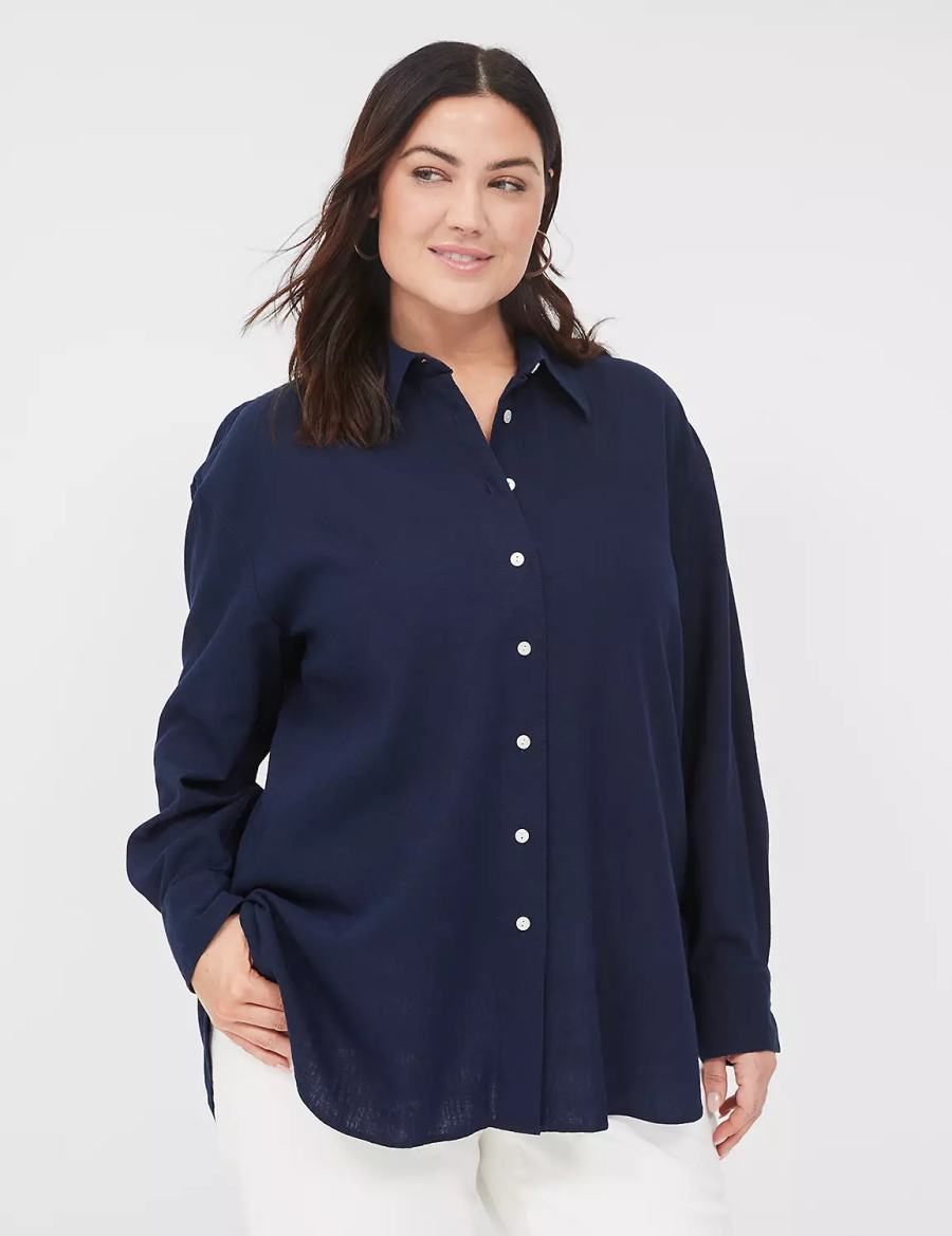 Lane Bryant Relaxed Linen Button-Down Camicie Donna Blu | BQK8455KK