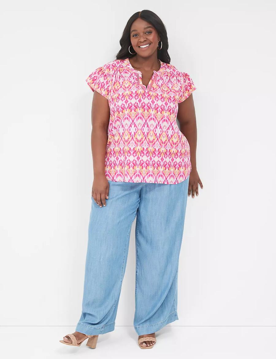 Lane Bryant Relaxed Notch-Neck Woven & Knit Top Magliette Donna Rosa | IOX4145PF