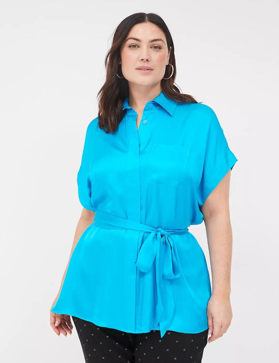 Lane Bryant Relaxed Satin Dolman-Sleeve Button-Front Tunic Camicie Donna Blu | HWK3616OX